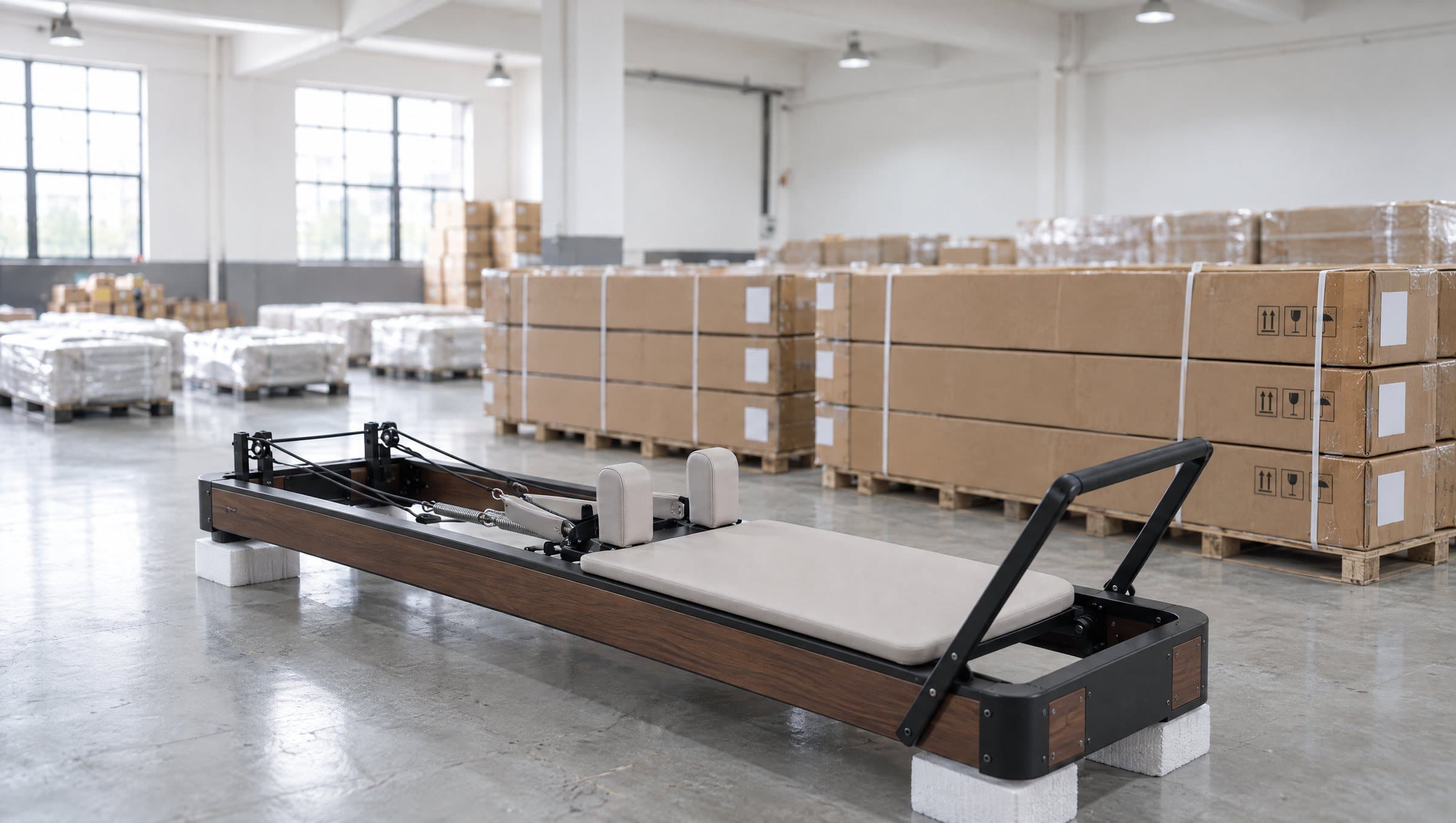 A finished pilates reformer on foam blocks in front of strapped export cartons